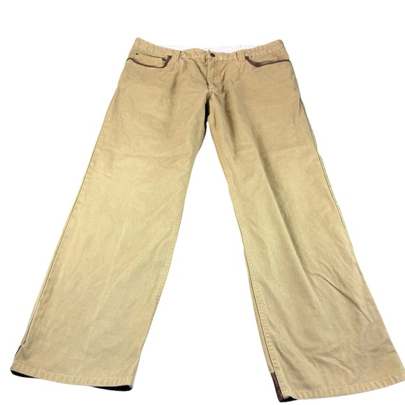 Eddie Bauer Other - Eddie Bauer Mens 42x32 Khaki Tan Cotton Canvas Leather Trim Straight Leg Pants